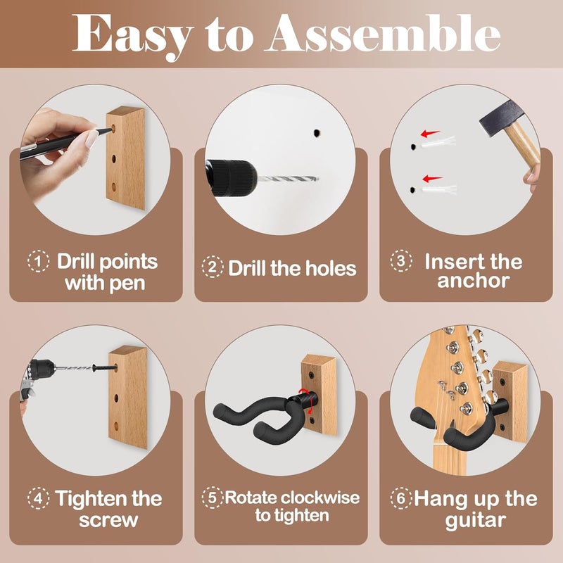 DOMMI Guitar Wall Mount 4 Pack, Guitar Hanger with Rotatable Soft Hook for All Size Guitars, Hardwood U-Shaped Guitar Holder Wall Mount for Acoustic, Electric Guitar, Bass - Image 5